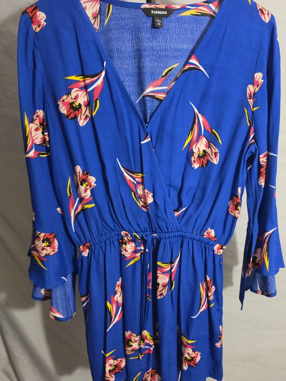 Express Blue Floral V-Neck Bell Sleeve Woven Rayon Boho Romper Sz S